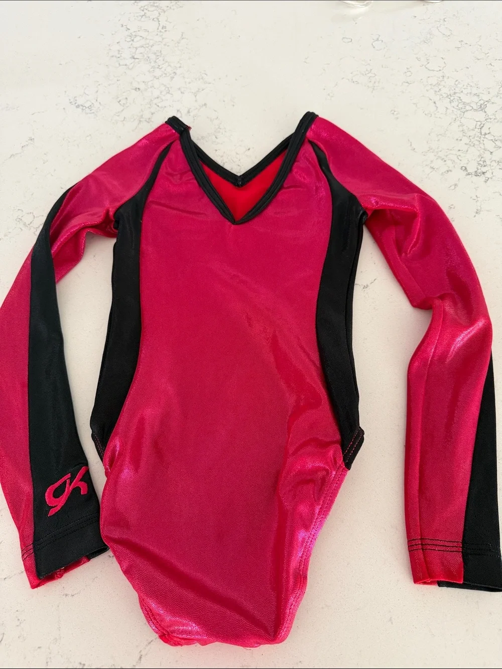GK Elite Metallic Hot Pink and Black Long Sleeve Gymnastics Leotard